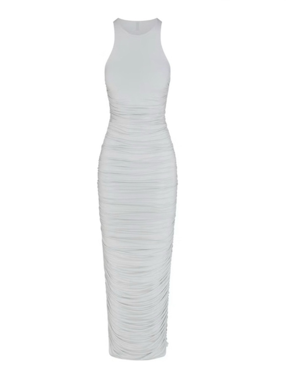 NWT SKIMS Cupro Jersey long ruched Dress Pearl Light Blue Knit Stretch